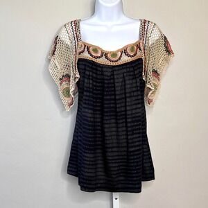 Vintage Language Los Angeles Crochet Flutter Sleeve Top Blouse Boho Peasant Y2K